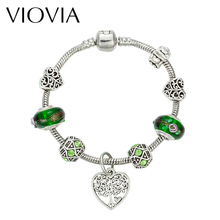VIOVIA-pulsera con cuentas de cristal verde para mujer, brazalete de joyería, el mejor regalo de amor con forma de corazón, Color plateado, amuleto de cuarzo para mujer Murano B16114 2024 - compra barato