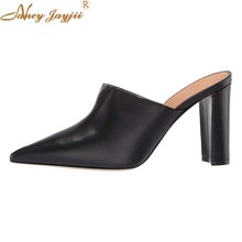 Nancyjayjii Black Leather Pointed Toe Square High Heels Slippers Formal Slides 10cm Heeled Office Slip On Summer Women Shoes 2024 - buy cheap