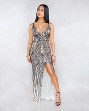 Vestido maxi com alça espaguete wendywu, vestido feminino elegante com lantejoulas e divisão 2024 - compre barato
