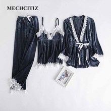 Бархатный пижамный комплект MECHCITIZ для женщин, зимняя одежда для сна, пальто, штаны, комплект из 3 предметов, модная Домашняя одежда, большие размеры 2024 - купить недорого