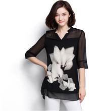 2019 модная женская шифоновая блузка Летние Топы Большие размеры черная блузка рубашка с рукавом три четверти топы Женская одежда Блузы 2024 - купить недорого