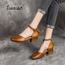 Tastabo 100%Genuine Leather Women's shoes printing Belt buckle high heel design Simple casual style Brown black caramel S19056 2024 - buy cheap