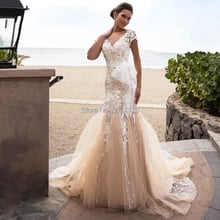 Charming Champagne Mermaid Wedding Dresses V Neck Short Sleeves Lace Appliques Buttons Bridal Wedding Gowns Vestido De Noiva 2024 - buy cheap