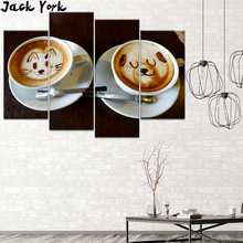 Canvas Painting cat and bear Latte coffee 4 Pieces Wall Art Painting Modular Wallpapers Poster Print for living room Home Decor 2024 - buy cheap