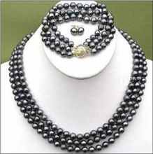 Бесплатная доставка P & P *** Элегантный 3 ряда черный 8-9 мм Akoya Жемчужное ожерелье браслет серьги набор 2024 - купить недорого