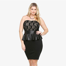 Summer Lace Leather Spliced Ruffle Peplum Dress Women Off Shoulder Strapless Pencil Bodycon Dress Plus Size Casual Party Dress 2024 - buy cheap