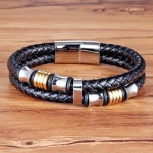 TYO-Pulseras Vintage de cuero y alambre de acero inoxidable para hombre, brazaletes con patrón geométrico de doble capa, pulseras combinadas 2024 - compra barato