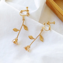 South Korean Style Gold Color Rose Branch Hanging Earrings Romantic Leaf Rose Clip Earrings No Hole For Women Lady Girls 2024 - buy cheap