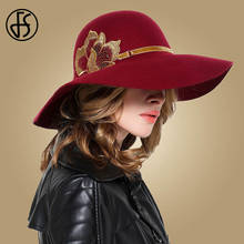 FS British Black Wine Red Flower Hat Women Elegant Large Wide Brim Church Hats Wool Felt Fedora Female Embroidery Wedding Fedora 2024 - buy cheap