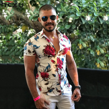 Летняя модная мужская рубашка HCXY 2019, Облегающая рубашка с коротким рукавом и цветочным принтом, Мужская одежда, трендовые мужские повседневные рубашки с цветочным принтом, размеры 2024 - купить недорого