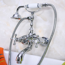 Polished Chrome Brass Double Cross Handles Wall Mounted Bathroom Clawfoot Bathtub Tub Faucet Mixer Tap w/Hand Shower ana197 2024 - buy cheap