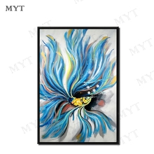 Pintura al óleo abstracta de pez dorado de cola azul sobre lienzo pintado a mano cuadro de pared abstracto sala de estar dormitorio casa Arte de la pared Decoración 2024 - compra barato