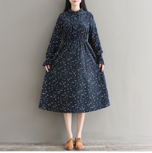 2018 autumn corduroy elegant dress for women long sleeve floral print mori girl vestidos 2024 - buy cheap