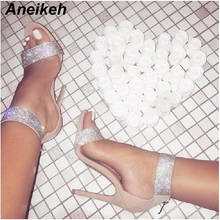 Aneikeh 2018 Bling Bling Rhinestone Stiletto High Heels Dress Wedding Shoes For Ladies Open Toe Summer Ankle Strap Sandals Black 2024 - buy cheap