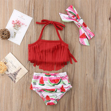 Toddler Kid Baby Girls Tassel Bikini Set Fruit Swimwear Swimsuit Bathing Suit Watermelon tassel bathing suit - red 2024 - buy cheap