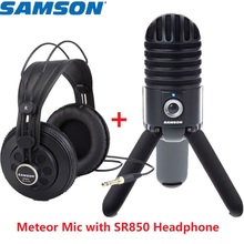 Microfone samson meteor usb para estúdio, fone de ouvido condensador com samson sr850 para computador e gravação de vídeo 2024 - compre barato