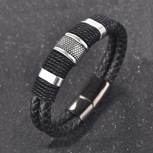 Men Braided Leather Bracelet Stainless Steel Magnetic Clasp Woven Bangles Charm Wristband Black Brown Punk Jewelry Accessories 2024 - buy cheap