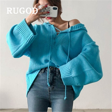 Женский вязаный свитер RUGOD, свободный Однотонный пуловер с V-образным вырезом и капюшоном, 2020 2024 - купить недорого