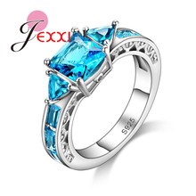 Элегантные женские кольца с прозрачными небесно-голубыми кристаллами, модные свадебные ювелирные изделия, 925 пробы серебряные классические кольца для помолвки 2024 - купить недорого