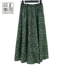 Shanghai Story-Falda larga de lino y algodón para mujer, falda larga con estampado Floral Retro, plisado, color verde, para primavera y verano 2024 - compra barato