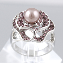 New Simulated Pearl Engagement Rings For Women Purple Austrian Crystal trendy Plated Hollow Out Design Flower Ring J00094 2024 - buy cheap