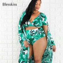 2021 Hot High Waist Swimsuit Bikini Women Swimwear Plus Size Crop Top Print Tropical Bathing Suit With Beach Cover Up Green 2024 - buy cheap