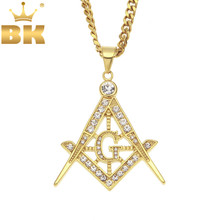 Punk Gold Color Masonic Rays Pendant Necklaces Bling Iced Out Rhinestones Stainless Steel Hiphop Fashion Freemason Jewelry 2024 - buy cheap