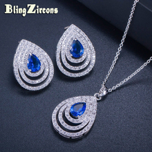 BeaQueen New Fashion Pear Shape Royal Blue Water Drop Cubic Zirconia Stone Earring Pendant Necklace Women Jewelry Sets JS127 2024 - buy cheap