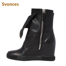 Fashion Wedge Woman Boots Solid Black Height Increasing Platform Zipper Botas Genuine Leather 8CM High Heel Short Boots Shoes 2024 - buy cheap