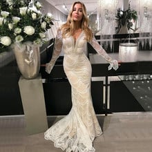 Dubai com decote em v sexy mangas compridas vestidos de noite 2021 mais recente design nude tule vestidos de noite longo sereno colina la60802 2024 - compre barato