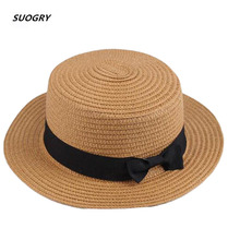 [SUOGRY] Wholesale Sun Straw Hat Boater Hat Women's Bow Summer Hats For Women Beach Flat Panama Straw hat Chapeau Femme 2024 - buy cheap