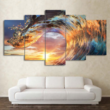 Cuadro de lona moderno impreso en HD, 5 piezas, puesta de sol, olas del océano, pintura, arte de pared, cartel Modular, decoración del hogar 2024 - compra barato