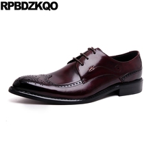 Burgundy Genuine Leather Men Pointed Toe Dress Shoes Black Brogue Wingtip Runway Oxfords Italian Brand Lace Up Wedding Derby 2024 - buy cheap