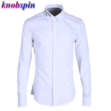 Slim Shirt men Casual long sleeve Solid Mens clothing Elegant Letters Embroidery collar Cotton Shirts Plus size camisas male 2024 - buy cheap