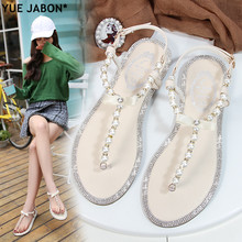 Women sandals 2021 new summer shoes flat pearl sandals comfortable string bead beach slippers casual sandals pink white black 2024 - buy cheap