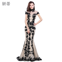 Elegant Black Short Sleeve Mermaid Evening Dress 2018 Applique Chiffon Prom Dresses Custom Made 100% Actual Image Sheer Gown 2024 - buy cheap