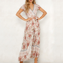 2019 Summer Women Floral Print Boho Dress Sexy V-neck High Split Beach Long Dress Causal Short Sleeve Sashes Wrap Maxi Dresses 2024 - buy cheap