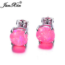 JUNXIN Cute Pink/Purple/Blue Fire Opal Stud Earrings For Women Silver Color Rainbow Birthstone Round Earrings Gift 2024 - buy cheap