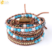CSJA Boho Handmade Weave Bracelet Leather Wrap Multilayer Bracelets Hematite Turquoises Jewelry Women Friendship Bangles F604 2024 - buy cheap