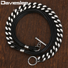 Davieslee Bracelet for Men 6 Strands Man-made Leather Gunmetal Tone Stainless Steel Curb Cuban Chain Mens Bracelets 8mm  DDLB66 2024 - buy cheap