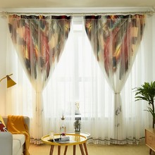 Elegante cortina doble de tul para sala de estar, dormitorio, cocina, estampado de plumas, cortinas transparentes de gasa para ventana 2024 - compra barato