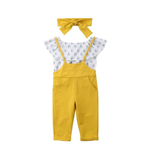 3PC Baby Girls Clothes Set Toddler Kids Off Shoulder Lotus Leaf Collar T-shirt Tops Yellow Overalls Suspenders Outfits Headband 2024 - buy cheap