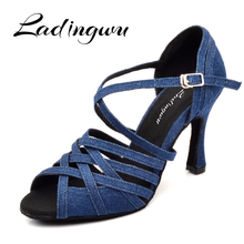 Ladingwu Women Dance Shoes Latin Salsa Tango Blue Denim Dance Shoes Woman's Ballroom Paty Profession Dance Shoes Cuban heel 9/10 2024 - buy cheap