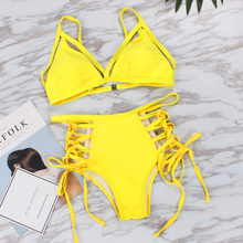 Conjunto de biquíni vintage amarelo neon, maiô feminino de duas peças com cintura alta, estilo bandeau, biquíni brasileiro 2019 2024 - compre barato