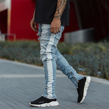 Kanye west calça jeans fina, rasgada ao joelho, tira branca, com zíper e tornozelo, para homens, hip hop, kanye west 2024 - compre barato