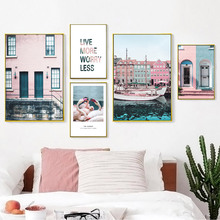 Pintura em tela de venice, azul, mar, rosa, paisagem, arte de parede, pôsteres nórdicos, e impressões, imagens para decoração de parede da sala de estar 2024 - compre barato