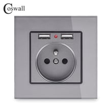 Coswall-Panel de cristal con doble puerto de carga USB 2.1A 16A, toma de corriente francesa, toma de pared, gris, Blanco, Negro, dorado, 4 colores 2024 - compra barato
