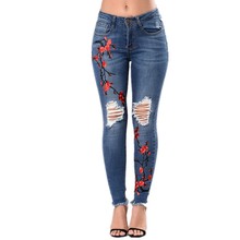 Calça jeans feminina cintura alta bordada, preta, skinny, casual, stretch, 2018 2024 - compre barato