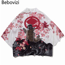 Bebovizi Japan Ukiyo-e Koi Printed Kimono 2019 Streetwear Harajuku Style Outwear Casual Robe Coats Men Cardigan Jackets 2024 - buy cheap