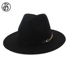 FS lana señoras sombreros para Misa las mujeres elegantes de ala ancha sombrero de fieltro negro sombreros de los hombres padrino Vintage Steampunk tapa con cinturón de cuero 2024 - compra barato